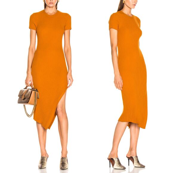 A.L.C. Minetta Orange Ribbed Fitted Bodycon Asymmetrical Slit Dress - Picture 1 of 10